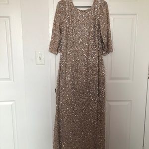 Adrianna Papell Long Sleeve Sequin Beaded Gown wit